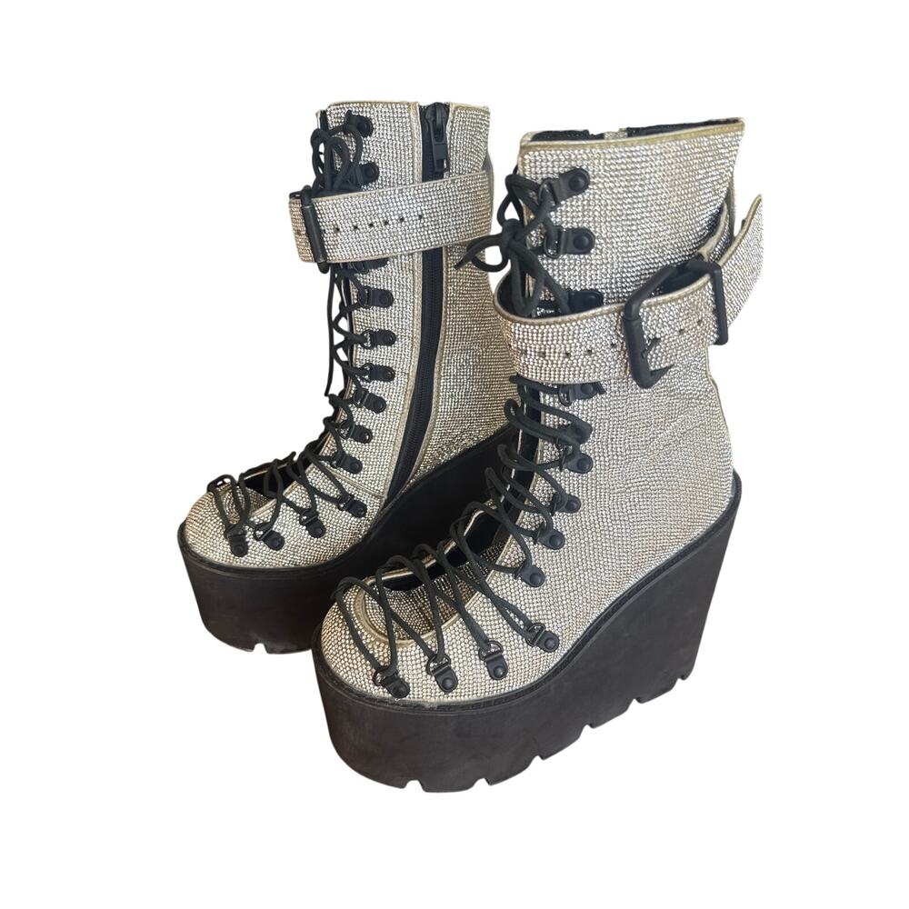 Demonia Cult crystal lace up buckle platforms rave goth boots